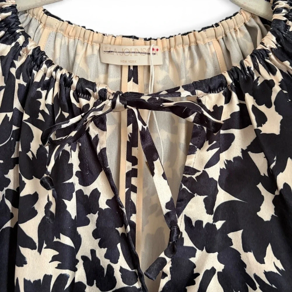 Ulla Johnson Neema Satin Blouse Top Black‎ Cream Floral Satin Puff Sleeve XS